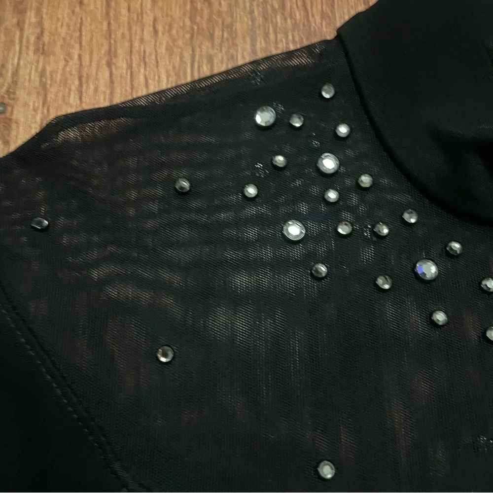 Tadashi Black Long Sleeve Rhinestone Embellished Mesh Thong Bodysuit size M - Picture 3 of 14